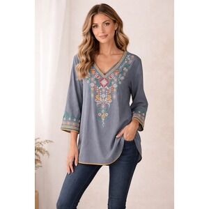 Gray Embroidered Boho Tunic Top XXL Folk Peasant Blouse